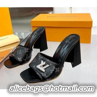 Good Quality Louis Vuitton Shake Monogram Canvas Heel Slide Sandals 9.5cm with Crystal LV Twist Black 1013045