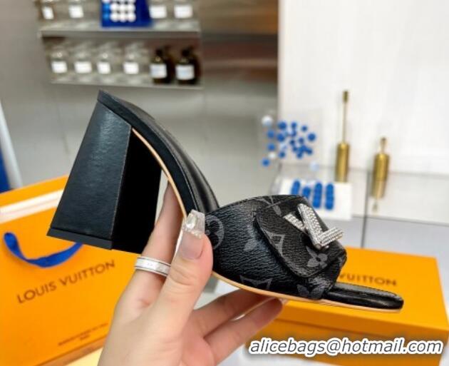 Good Quality Louis Vuitton Shake Monogram Canvas Heel Slide Sandals 9.5cm with Crystal LV Twist Black 1013045