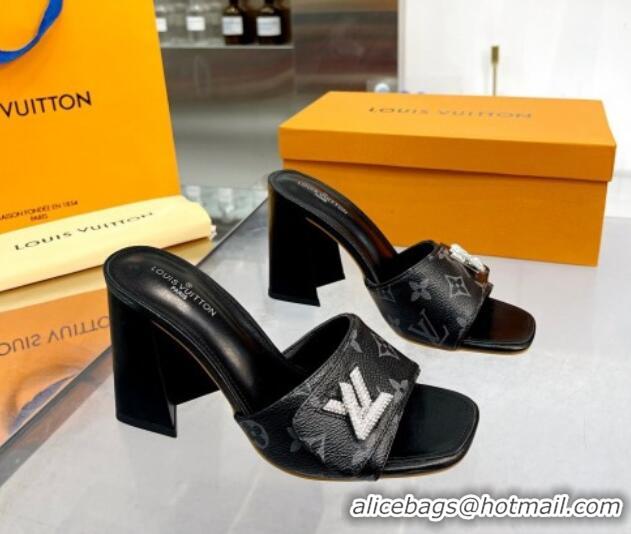 Good Quality Louis Vuitton Shake Monogram Canvas Heel Slide Sandals 9.5cm with Crystal LV Twist Black 1013045