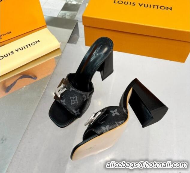 Good Quality Louis Vuitton Shake Monogram Canvas Heel Slide Sandals 9.5cm with Crystal LV Twist Black 1013045