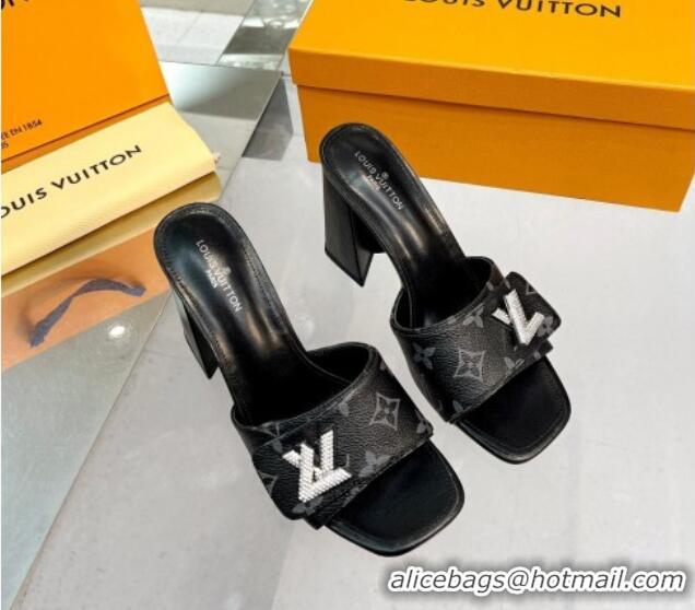 Good Quality Louis Vuitton Shake Monogram Canvas Heel Slide Sandals 9.5cm with Crystal LV Twist Black 1013045