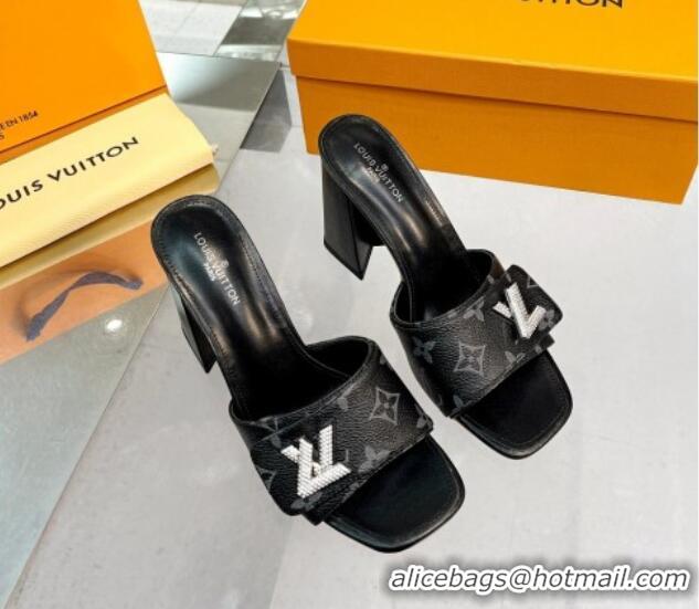 Good Quality Louis Vuitton Shake Monogram Canvas Heel Slide Sandals 9.5cm with Crystal LV Twist Black 1013045