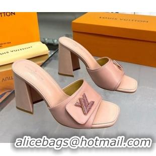 Unique Style Louis Vuitton Shake Leather Heel Slide Sandals 9.5cm with Crystal LV Twist Light Pink 1013046