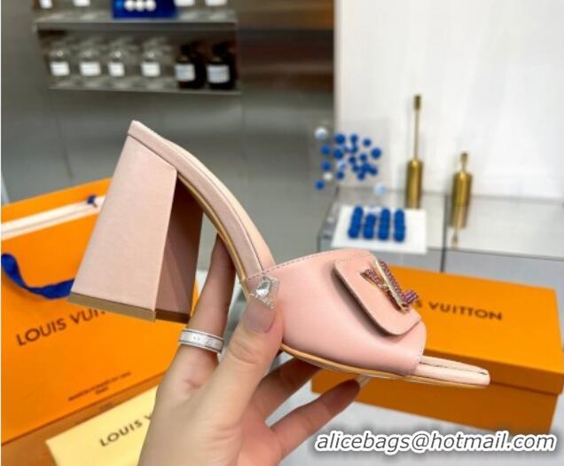 Unique Style Louis Vuitton Shake Leather Heel Slide Sandals 9.5cm with Crystal LV Twist Light Pink 1013046