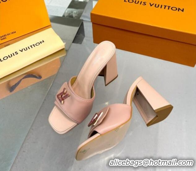 Unique Style Louis Vuitton Shake Leather Heel Slide Sandals 9.5cm with Crystal LV Twist Light Pink 1013046