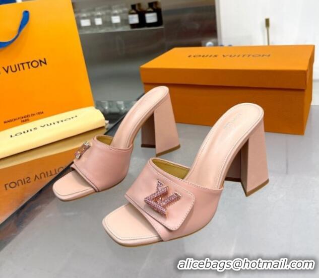 Unique Style Louis Vuitton Shake Leather Heel Slide Sandals 9.5cm with Crystal LV Twist Light Pink 1013046