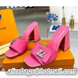 Grade Quality Louis Vuitton Shake Leather Heel Slide Sandals 9.5cm with Crystal LV Twist Dark Pink 1013047