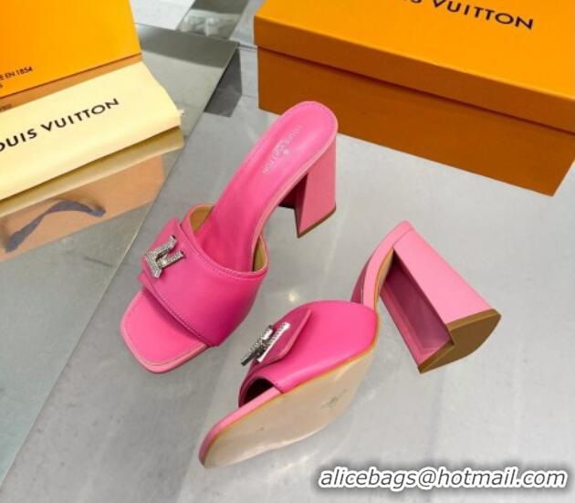 Grade Quality Louis Vuitton Shake Leather Heel Slide Sandals 9.5cm with Crystal LV Twist Dark Pink 1013047