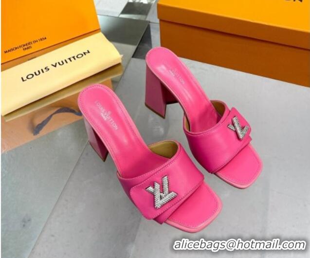 Grade Quality Louis Vuitton Shake Leather Heel Slide Sandals 9.5cm with Crystal LV Twist Dark Pink 1013047