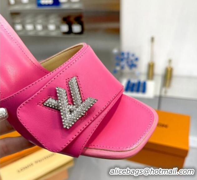 Grade Quality Louis Vuitton Shake Leather Heel Slide Sandals 9.5cm with Crystal LV Twist Dark Pink 1013047