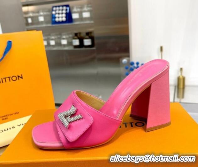 Grade Quality Louis Vuitton Shake Leather Heel Slide Sandals 9.5cm with Crystal LV Twist Dark Pink 1013047