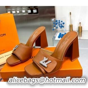 Low Cost Louis Vuitton Shake Leather Heel Slide Sandals 9.5cm with Crystal LV Twist Brown 1013048