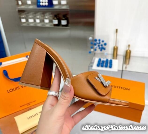 Low Cost Louis Vuitton Shake Leather Heel Slide Sandals 9.5cm with Crystal LV Twist Brown 1013048