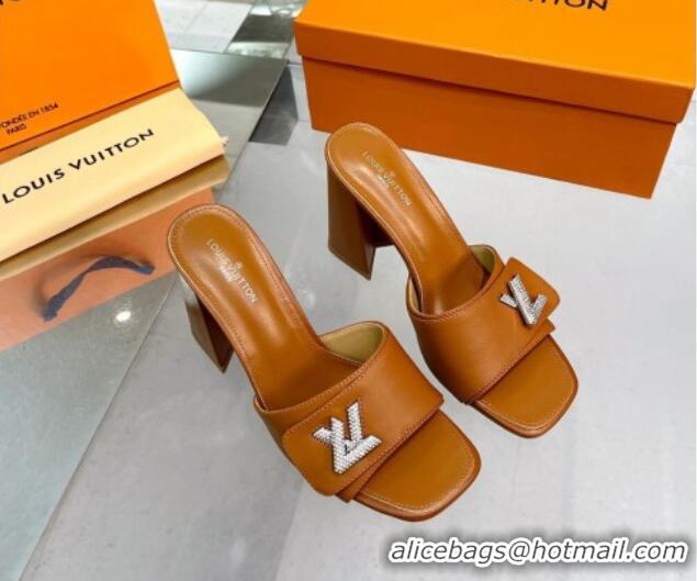 Low Cost Louis Vuitton Shake Leather Heel Slide Sandals 9.5cm with Crystal LV Twist Brown 1013048