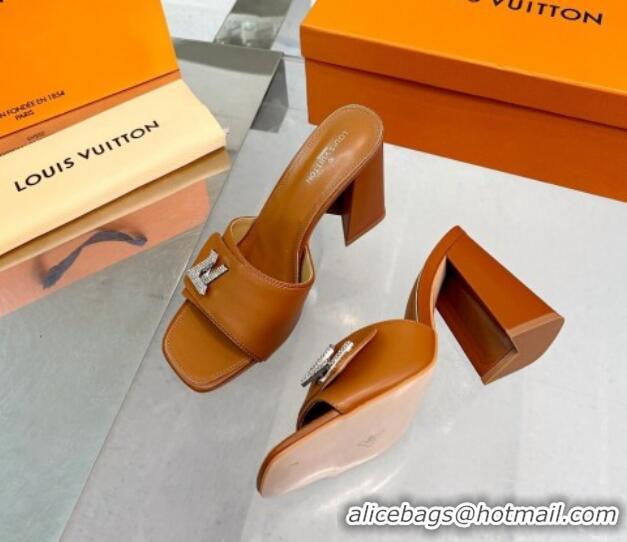 Low Cost Louis Vuitton Shake Leather Heel Slide Sandals 9.5cm with Crystal LV Twist Brown 1013048