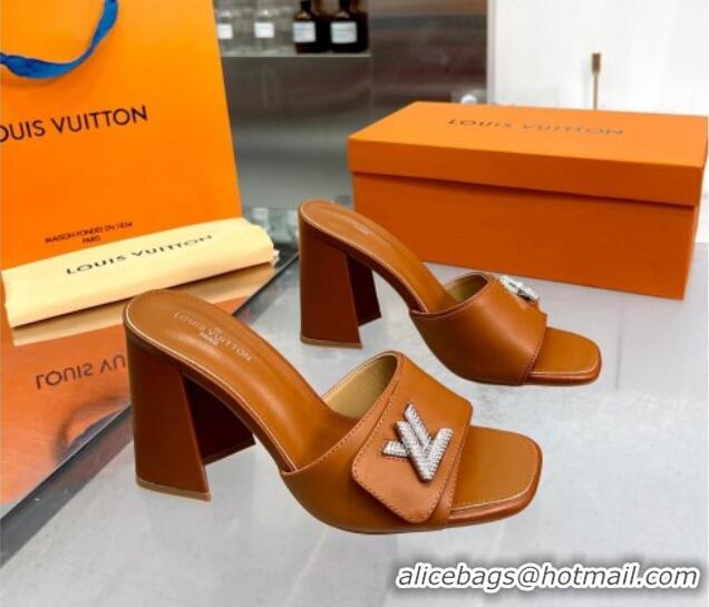 Low Cost Louis Vuitton Shake Leather Heel Slide Sandals 9.5cm with Crystal LV Twist Brown 1013048