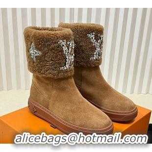 Fashion Luxury Louis Vuitton Snowdrop Shearling and Suede Flat Ankle Boots with Crystals Brown 1016026