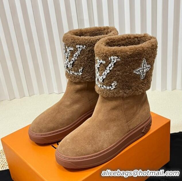 Fashion Luxury Louis Vuitton Snowdrop Shearling and Suede Flat Ankle Boots with Crystals Brown 1016026