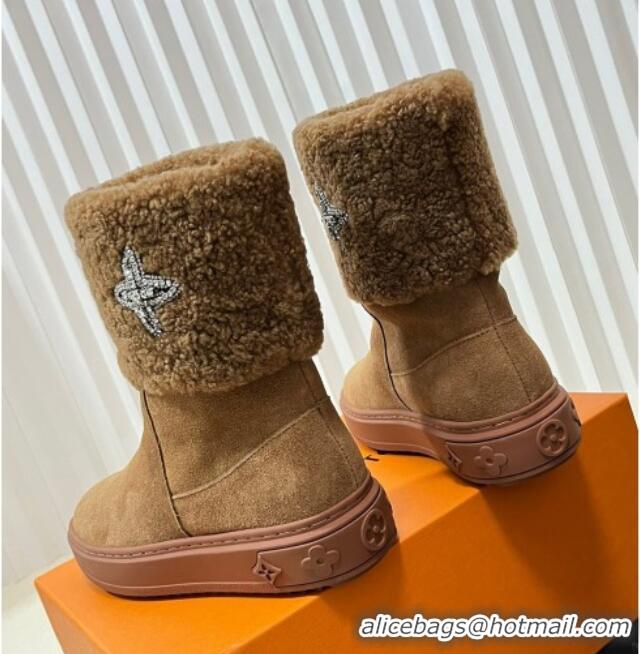 Fashion Luxury Louis Vuitton Snowdrop Shearling and Suede Flat Ankle Boots with Crystals Brown 1016026