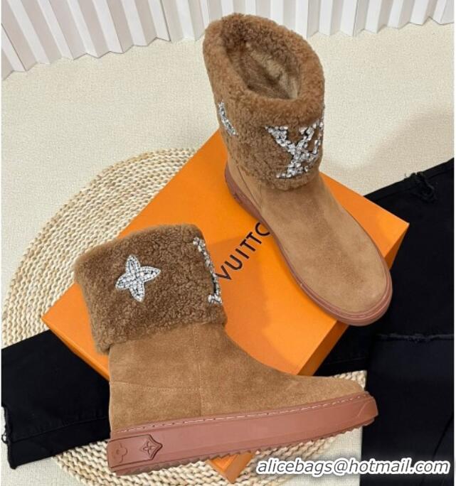 Fashion Luxury Louis Vuitton Snowdrop Shearling and Suede Flat Ankle Boots with Crystals Brown 1016026