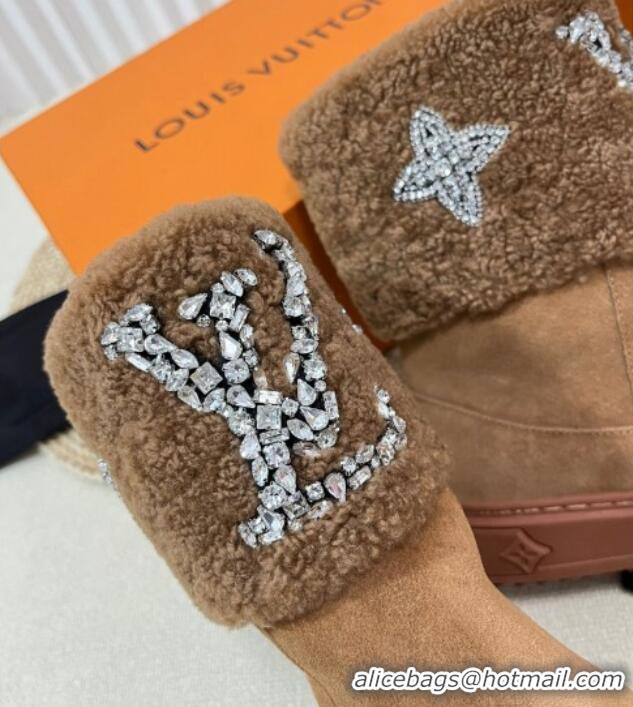 Fashion Luxury Louis Vuitton Snowdrop Shearling and Suede Flat Ankle Boots with Crystals Brown 1016026