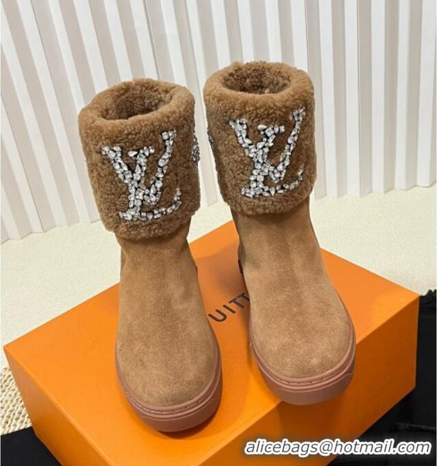 Fashion Luxury Louis Vuitton Snowdrop Shearling and Suede Flat Ankle Boots with Crystals Brown 1016026