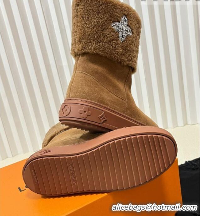 Fashion Luxury Louis Vuitton Snowdrop Shearling and Suede Flat Ankle Boots with Crystals Brown 1016026