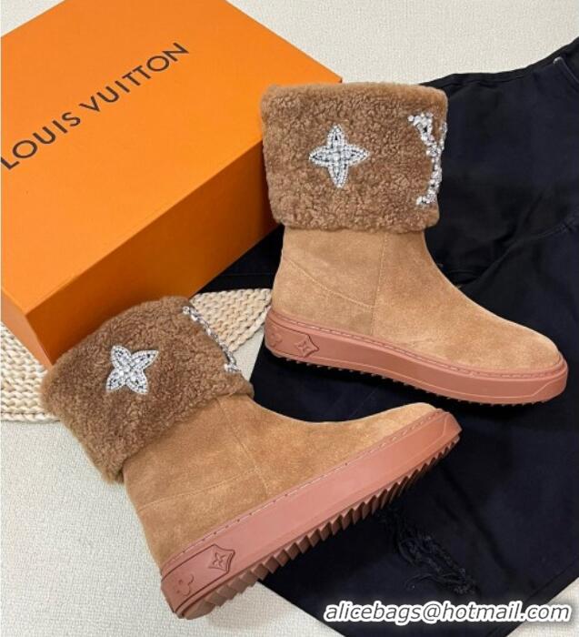 Fashion Luxury Louis Vuitton Snowdrop Shearling and Suede Flat Ankle Boots with Crystals Brown 1016026