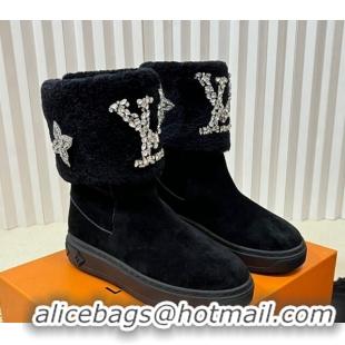 Fashion Louis Vuitton Snowdrop Shearling and Suede Flat Ankle Boots with Crystals Black 1016027