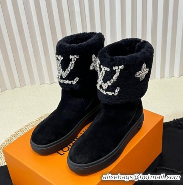 Fashion Louis Vuitton Snowdrop Shearling and Suede Flat Ankle Boots with Crystals Black 1016027