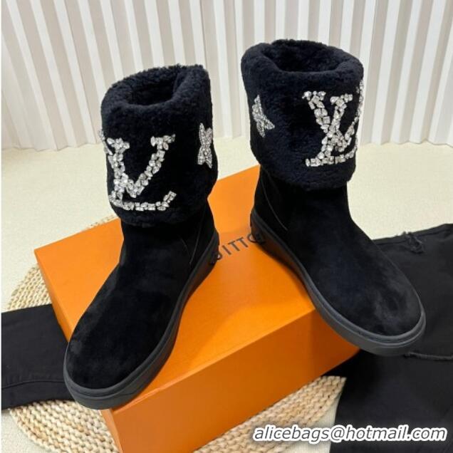 Fashion Louis Vuitton Snowdrop Shearling and Suede Flat Ankle Boots with Crystals Black 1016027