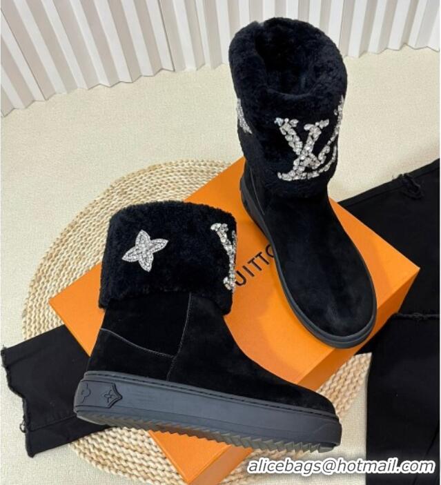 Fashion Louis Vuitton Snowdrop Shearling and Suede Flat Ankle Boots with Crystals Black 1016027