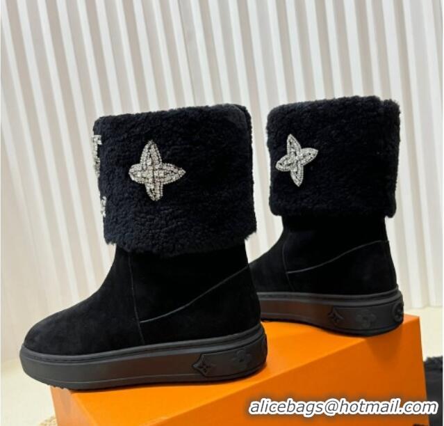 Fashion Louis Vuitton Snowdrop Shearling and Suede Flat Ankle Boots with Crystals Black 1016027