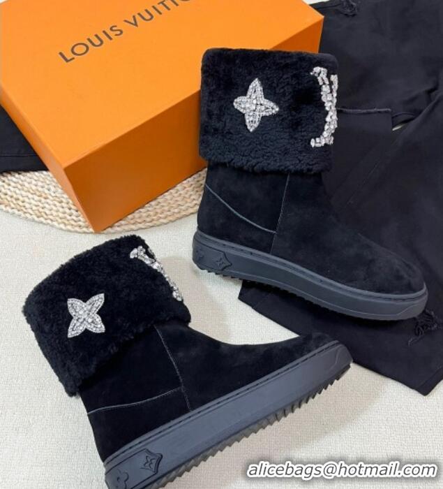 Fashion Louis Vuitton Snowdrop Shearling and Suede Flat Ankle Boots with Crystals Black 1016027