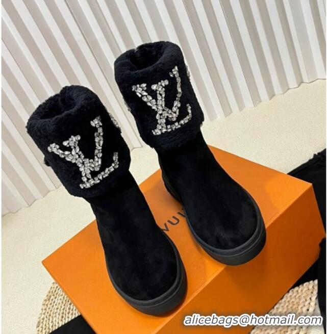 Fashion Louis Vuitton Snowdrop Shearling and Suede Flat Ankle Boots with Crystals Black 1016027