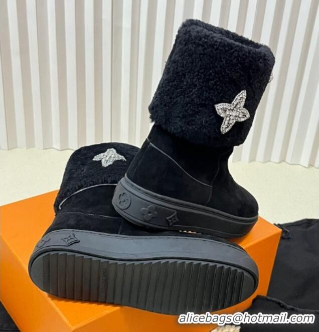 Fashion Louis Vuitton Snowdrop Shearling and Suede Flat Ankle Boots with Crystals Black 1016027