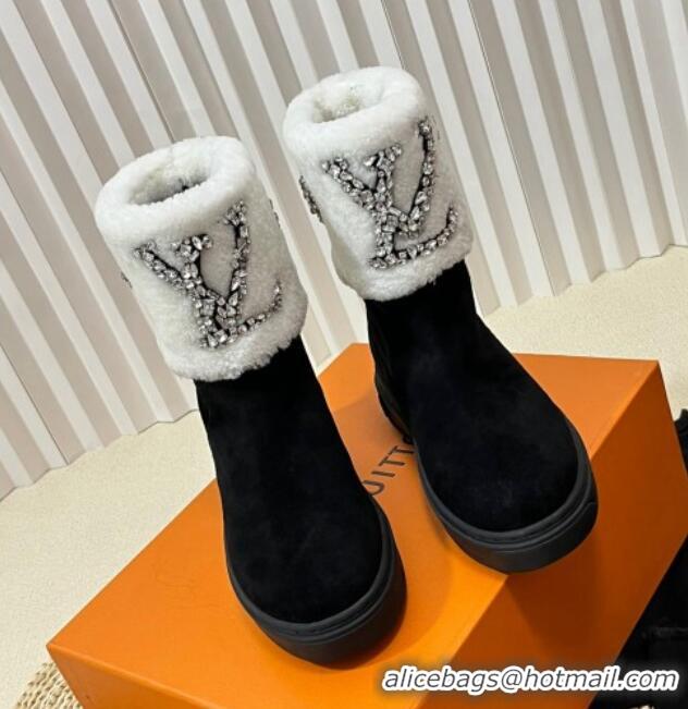 Classic Hot Louis Vuitton Snowdrop Shearling and Suede Flat Ankle Boots with Crystals Black/White 1016028