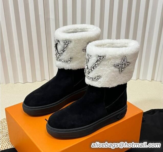 Classic Hot Louis Vuitton Snowdrop Shearling and Suede Flat Ankle Boots with Crystals Black/White 1016028