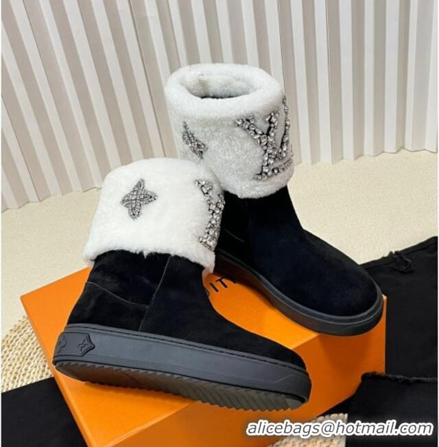 Classic Hot Louis Vuitton Snowdrop Shearling and Suede Flat Ankle Boots with Crystals Black/White 1016028