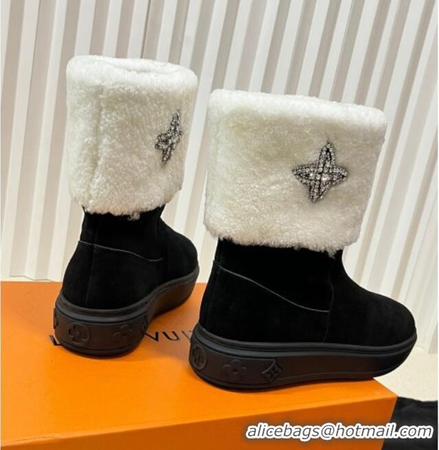 Classic Hot Louis Vuitton Snowdrop Shearling and Suede Flat Ankle Boots with Crystals Black/White 1016028