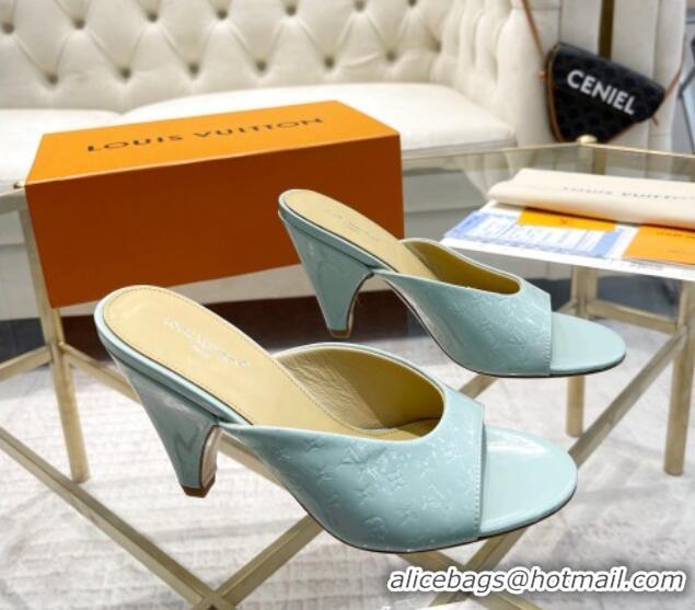 Generous Louis Vuitton Super Heel Slide Sandals 9cm Monogram-Debossed Patent Leather Light Blue 1016104