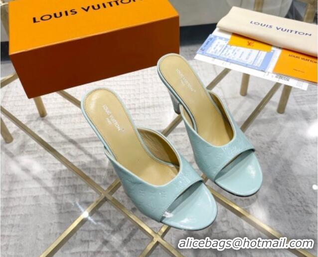 Generous Louis Vuitton Super Heel Slide Sandals 9cm Monogram-Debossed Patent Leather Light Blue 1016104