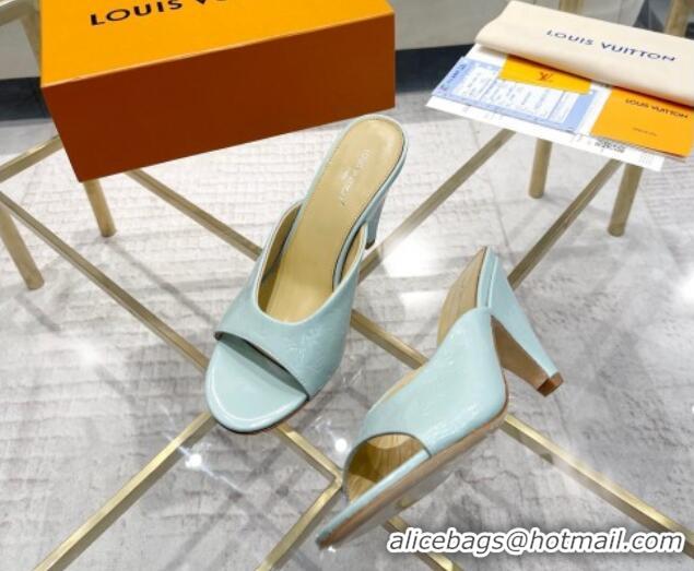 Generous Louis Vuitton Super Heel Slide Sandals 9cm Monogram-Debossed Patent Leather Light Blue 1016104