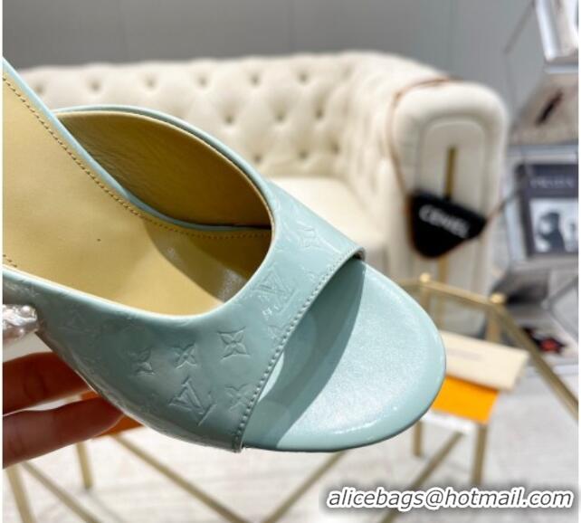 Generous Louis Vuitton Super Heel Slide Sandals 9cm Monogram-Debossed Patent Leather Light Blue 1016104