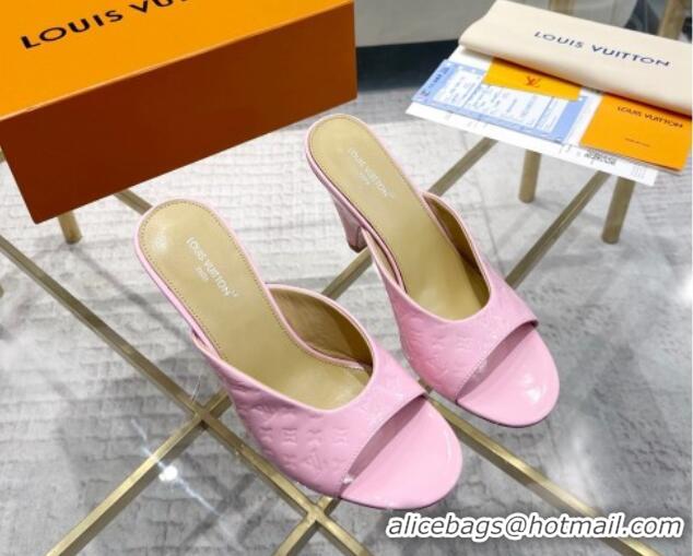 Best Grade Louis Vuitton Super Heel Slide Sandals 9cm Monogram-Debossed Patent Leather Light Pink 1016107