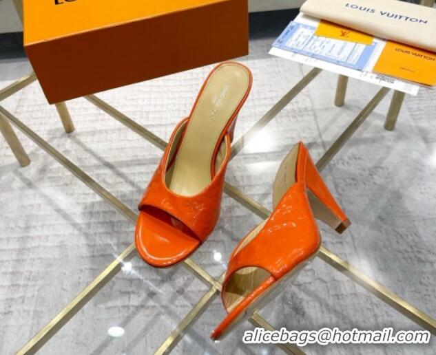 Luxury Discount Louis Vuitton Super Heel Slide Sandals 9cm Monogram-Debossed Patent Leather Orange 1016108