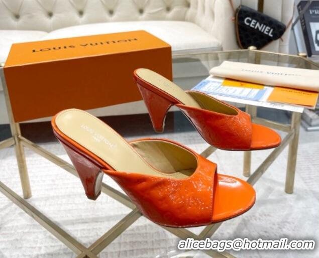 Luxury Discount Louis Vuitton Super Heel Slide Sandals 9cm Monogram-Debossed Patent Leather Orange 1016108