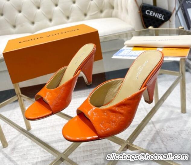 Luxury Discount Louis Vuitton Super Heel Slide Sandals 9cm Monogram-Debossed Patent Leather Orange 1016108