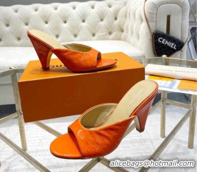 Luxury Discount Louis Vuitton Super Heel Slide Sandals 9cm Monogram-Debossed Patent Leather Orange 1016108