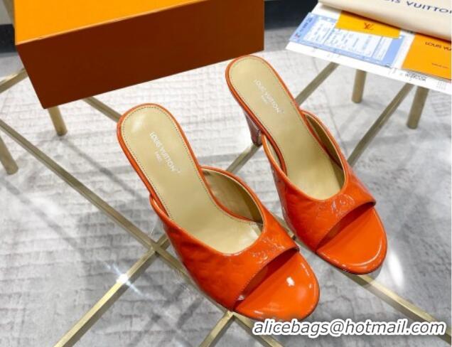 Luxury Discount Louis Vuitton Super Heel Slide Sandals 9cm Monogram-Debossed Patent Leather Orange 1016108